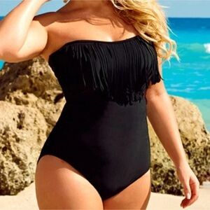 NWT Swimsuits for All black fringe bandeau one piece swimsuit Sz 26